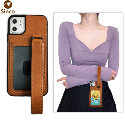 Hands Free Case With Leather Wrist Strap Card Holders Genuine Leather Phone Case Cover For iPhone 11