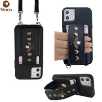 Kickstand Genuine Leather Case With Removable Wrist Strap Card Holder Crossbody Phone Cover for iPhone 11