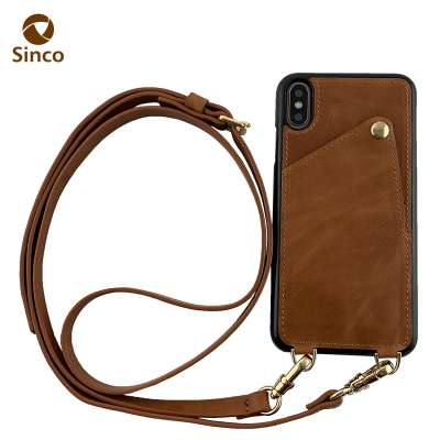 Customized  Luxury Crossbody Genuine Cowhide Leather Phone Case With Cord Slots  For Iphone X